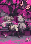 1girl alternate_costume ball bangs basket bear_hair_ornament bench black_bra black_footwear blood bloody_clothes blue_eyes boots bored bra breasts cheerleader choker cleavage commentary_request crossed_legs danganronpa:_trigger_happy_havoc danganronpa_(series) deadnooodles enoshima_junko eyebrows_visible_through_hair full_body hair_ornament highres knee_boots looking_at_viewer medium_breasts miniskirt monokuma mouth_hold open_mouth pink_blood pink_theme plaid plaid_skirt pleated_skirt pom_pom_(cheerleading) pool_of_blood red_skirt shiny shiny_hair sitting skirt soccer_ball translation_request twintails underwear 