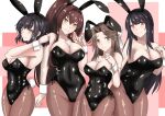  4girls animal_ears black_hair black_leotard bow bowtie breasts brown_eyes brown_hair brown_legwear cherry_blossoms commentary_request covered_navel eyebrows_visible_through_hair fake_animal_ears fake_tail flower forehead fusou_(kancolle) hair_between_eyes hair_ornament hair_ribbon highres jewelry jintsuu_(kancolle) kantai_collection ken_(shutenndouji1) large_breasts leotard long_hair medium_breasts multiple_girls pantyhose pink_background playboy_bunny ponytail rabbit_ears rabbit_tail red_eyes ribbon ring short_hair strapless strapless_leotard tail wedding_band white_ribbon wrist_cuffs yamashiro_(kancolle) yamato_(kancolle) 