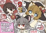  2020 3girls absurdres animal_ears bangs benikurage_(cookie) black_headwear blonde_hair blue_eyes blush bow brown_eyes brown_hair cat chinese_zodiac claws commentary_request cookie_(touhou) detached_sleeves eyebrows_visible_through_hair frilled_bow frills furrification furry furry_female gloves grey_hair hair_between_eyes hair_bow hakurei_reimu happy_new_year hat heart heart_background highres kirisame_marisa kitsune_kemono looking_at_another medium_hair meguru_(cookie) mouse_ears multiple_girls nazrin nervous new_year nyon_(cookie) open_mouth parted_bangs red_bow red_eyes red_gloves red_shirt shirt short_hair sleeveless sleeveless_shirt starry_background stomach_(organ) tongue tongue_out touhou trembling upper_body whiskers white_sleeves witch_hat year_of_the_rat 