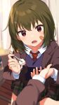  1girl 1other bandaid bandaid_on_cheek blurry blurry_background blush brown_jacket cotton_ball depth_of_field green_hair hand_grab head_tilt highres holding idolmaster idolmaster_million_live! idolmaster_million_live!_theater_days inuyama_nanami jacket looking_at_viewer medium_hair miniskirt nagayoshi_subaru necktie open_clothes open_jacket open_mouth pov pov_hands purple_vest red_eyes red_neckwear school_uniform sitting skirt tweezers unmoving_pattern vest 