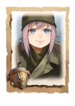  1girl bangs beanie blue_eyes closed_mouth company_of_heroes hair_between_eyes hat military military_coat military_hat military_uniform original portrait purple_hair smile solo uniform united_states_army world_war_ii zhainan_s-jun 
