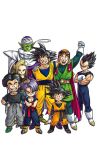  1girl 6+boys android_18 ankle_boots arm_around_neck arms_at_sides bandana belt black_bodysuit black_hair black_shirt blonde_hair blue_eyes blue_wristband bodysuit boots brothers brown_belt cape clenched_hands clenched_teeth closed_mouth colored_skin crossed_arms denim dougi dragon_ball dragon_ball_z earrings facing_viewer father_and_son full_body gloves green_footwear green_skin grin halo hand_on_another&#039;s_head hands_on_hips height_difference hoop_earrings husband_and_wife jeans jewelry kuririn leggings lineup multiple_boys no_eyebrows open_mouth orange_bandana pants piccolo pointy_ears purple_hair red_cape red_sweater serious shirt shoes short_hair siblings sideways_glance simple_background smile sneakers son_gohan son_goku son_goten spiked_hair standing straight_hair sunglasses sweater sweatpants teeth toriyama_akira trunks_(dragon_ball) tsurime turban vegeta white_background white_cape white_footwear white_gloves wristband yellow_footwear 