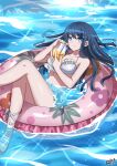  1girl artist_name bangs bare_arms bare_legs bikini blue_eyes breasts closed_mouth collarbone commission danganronpa:_trigger_happy_havoc danganronpa_(series) danganronpa_s:_ultimate_summer_camp drinking drinking_straw english_commentary eyebrows_visible_through_hair foot_out_of_frame frilled_bikini frills hair_ornament hairclip highres holding in_water innertube lewdkuma long_hair looking_at_viewer lying maizono_sayaka medium_breasts navel outdoors sandals second-party_source smile solo swimsuit water 