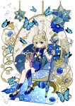  1girl animal_ears blonde_hair blue_eyes blue_flower bug bunny_day butterfly capelet egg_chair flower hair_ornament hand_on_own_knee holding holding_staff insect long_hair looking_at_viewer murasaki_daidai_etsuo original rabbit_ears shoes short_sleeves sitting solo staff star_(symbol) star_hair_ornament white_flower 