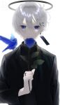  1boy absurdres animal_on_shoulder backlighting bird bird_on_shoulder black_shirt blue_bird blue_eyes blue_flower blue_rose crying crying_with_eyes_open dark_halo earrings eyeshadow flower grey_hair hair_ornament hairclip halo highres holding holding_flower jewelry katoumio light_smile looking_at_viewer makeup male_focus original red_eyeshadow ring rose shirt silver_hair tearing_up tears upper_body white_background 