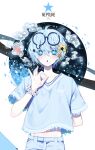  1boy :o absurdres arm_up arms_behind_back blue_hair blue_nails blue_pants blue_shirt blush bubble eyewear_removed fish forget-me-not_(flower) highres muaooooo original pants shirt short_hair solo star_(symbol) wrist_flower 