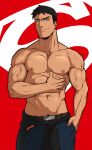  1boy abs absurdres bara belt black_hair blue_eyes blue_pants closed_mouth dark-skinned_male dark_skin highres kon-el kuroshinki large_pectorals looking_at_viewer male_focus muscular muscular_male navel nipples pants pectorals shirt shirt_removed shirtless short_hair simple_background smile solo superboy veins young_justice 