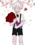  1boy ara_(syao_ra) bangs black_ribbon black_shorts blurry blurry_background blush bouquet closed_eyes collared_shirt commentary danganronpa_(series) danganronpa_2:_goodbye_despair english_commentary feet_out_of_frame flower grey_hair grey_shirt hair_between_eyes heart highres holding holding_bouquet holding_flower kneehighs komaeda_nagito male_focus neck_ribbon open_mouth ribbon shirt shirt_tucked_in short_sleeves shorts smile solo spoken_heart suspender_shorts suspenders twitter_username white_hair white_legwear younger 