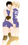  2girls absurdres ass_grab bandaged_fingers bandages black_hair blonde_hair blush commentary_request elbow_pads eyebrows_behind_hair hand_under_clothes highres kishi_torajirou knee_pads multiple_girls original sportswear standing volleyball_uniform yuri 