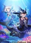  2girls black_dress black_footwear black_hair black_legwear blowhole blue_dress blue_eyes blue_hair blush bubble clownfish collar commentary_request common_bottlenose_dolphin_(kemono_friends) coral_reef dolphin_girl dolphin_tail dorsal_fin dress eyebrows_visible_through_hair frilled_collar frilled_dress frilled_sleeves frills hair_over_one_eye kemono_friends kemono_friends_3 legs long_sleeves mary_janes mucchiri_shiitake multicolored_hair multiple_girls neckerchief official_art orca_(kemono_friends) pantyhose sailor_collar sailor_dress shoes short_hair short_sleeves swimming two-tone_dress two-tone_hair underwater white_dress white_hair white_neckwear yellow_eyes 