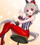  1girl :d animal_ears bangs bare_shoulders black_footwear blush bow breasts brown_background cleavage collar curren_chan_(umamusume) detached_collar ear_bow eyebrows_visible_through_hair feet_out_of_frame fishnet_legwear fishnets gradient gradient_background grey_hair hair_between_eyes hand_up high_heels highres horse_ears horse_girl horse_tail leotard medium_breasts meyamu open_mouth pantyhose playboy_bunny_leotard purple_eyes red_bow red_legwear shoes sitting smile solo sparkle stool strapless strapless_leotard striped striped_leotard tail twitter_username umamusume vertical-striped_leotard vertical_stripes white_background white_collar wing_collar wrist_cuffs 