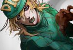  1boy blonde_hair diego_brando gloves green_eyes hat highres hospital_0434 jojo_no_kimyou_na_bouken licking_lips lipstick looking_at_viewer makeup male_focus simple_background steel_ball_run sweater tongue tongue_out 