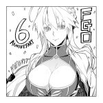  1girl ahoge artoria_pendragon_(fate) artoria_pendragon_(lancer)_(fate) bangs braid breasts cleavage cleavage_cutout cloak clothing_cutout collarbone confetti english_text fate/grand_order fate_(series) french_braid greyscale hair_between_eyes highres large_breasts long_bangs looking_at_viewer monochrome sami_(object_dump) solo upper_body 