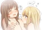  2girls absurdres bangs betock blonde_hair blue_eyes blush breast_sucking breasts brown_hair closed_eyes collarbone commentary_request eyebrows_visible_through_hair hand_on_breast heart highres long_hair looking_at_viewer multiple_girls nipple_rub nude open_mouth original profile simple_background small_breasts translated upper_body white_background yuri 