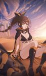  1girl absurdres bikini bikini_top black_bikini black_ribbon blue_sky blush boots breasts brown_hair cape cleavage cloud desert green_eyes hair_ribbon highres huge_filesize hyunwoo knee_boots large_breasts long_hair looking_at_viewer ponytail re:zero_kara_hajimeru_isekai_seikatsu ribbon shaula_(re:zero) shorts sky smile solo swimsuit thighs v-shaped_eyebrows 