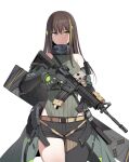  1girl absurdres assault_rifle asymmetrical_legwear bangs bare_shoulders black_gloves brown_hair cowboy_shot dickbomber girls&#039;_frontline gloves green_hair gun highres holding holding_gun holding_weapon leotard long_hair m4_carbine m4a1_(girls&#039;_frontline) magazine_(weapon) mod3_(girls&#039;_frontline) multicolored_hair particle_cannon_case ribbed_leotard rifle scarf simple_background solo streaked_hair uneven_legwear weapon white_background yellow_eyes 
