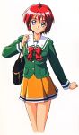  1990s_(style) 1girl bag blue_eyes cropped_legs hibikino_high_school_uniform highres hinomoto_hikari kokura_masashi long_sleeves looking_at_viewer miniskirt mole mole_under_eye official_art orange_skirt red_hair retro_artstyle ribbon scan school_bag school_uniform short_hair simple_background skirt smile solo tokimeki_memorial tokimeki_memorial_2 white_background 