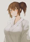  1girl blush breasts brown_eyes brown_hair closed_mouth eyebrows_visible_through_hair grey_background hair_between_eyes highres kaga_(kancolle) kantai_collection large_breasts looking_at_viewer medium_hair noccu one_side_up simple_background solo upper_body 