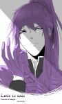  1boy adjusting_clothes adjusting_gloves buzhengjing_zhi_bi character_name commentary dated english_commentary english_text gloves highres kamui_gakupo looking_at_viewer male_focus monochrome ponytail portrait purple_eyes purple_gloves purple_hair purple_shirt putting_on_gloves shirt sidelocks solo vocaloid 