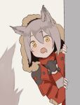  1girl animal_ears arknights coat grey_hair hair_between_eyes highres hood hood_up hooded_coat looking_at_viewer mouth_drool noccu open_mouth peeking_out projekt_red_(arknights) red_coat solo tail wide-eyed yellow_eyes 