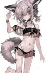  1girl animal_ears arknights bangs bare_shoulders black_swimsuit brown_hair closed_mouth commentary fox_ears fox_girl fox_tail grey_eyes headphones highres navel official_alternate_costume oripathy_lesion_(arknights) sketch solo sussurro_(arknights) sussurro_(summer_flowers)_(arknights) swimsuit tail trtrttrrrrrr unfinished 