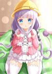  1girl :o bangs blue_eyes blush capelet commentary_request dress eyebrows_visible_through_hair frilled_capelet frills hands_up hat highres holding_strap kanna_kamui kobayashi-san_chi_no_maidragon long_sleeves no_shoes parted_lips pink_dress purple_hair school_hat sidelocks sitting sleeves_past_wrists soles solo tail thighhighs wariza white_capelet white_legwear yellow_headwear zenon_(for_achieve) 