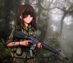  1girl absurdres ammunition_belt ammunition_pouch assault_rifle bandaid bangs blurry blurry_background brown_eyes brown_hair closed_mouth dirty dirty_clothes dirty_face eyepatch girls&#039;_frontline green_jacket green_pants gun hair_between_eyes highres holding holding_gun holding_weapon jacket jungle long_hair looking_at_viewer m16 m16a1 m16a1_(girls&#039;_frontline) military military_uniform multicolored_hair nature outdoors pants peace_symbol pouch rifle scar scar_across_eye sleeves_rolled_up smoke_grenade solo streaked_hair tree trigger_discipline uniform vietnam vietnam_war weapon zap-nik 