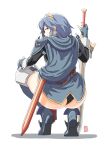  1girl alternate_eye_color armor ass automatic_giraffe black_panties blue_eyes blue_hair cape falchion_(fire_emblem) fingerless_gloves fire_emblem fire_emblem_awakening gloves long_hair looking_at_viewer looking_back lucina_(fire_emblem) no_pants panties pantyshot red_eyes simple_background smile solo squatting super_smash_bros. sword tiara underwear upskirt weapon white_background 