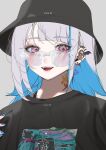  1girl blue_nails bucket_hat dasui191023 ear_piercing hat highres iridescent lize_helesta looking_at_viewer multicolored_hair nijisanji piercing pink_eyes solo two-tone_hair virtual_youtuber 