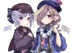  2girls alternate_costume alternate_hairstyle bangs bead_necklace beads bow cabbie_hat character_name coin_hair_ornament commentary commentary_request cosplay costume_switch crossover earrings eyebrows_visible_through_hair genshin_impact granblue_fantasy hair_bow hair_over_one_eye hair_ribbon hairstyle_switch hat jewelry jiangshi long_hair long_sleeves looking_at_viewer multiple_girls necklace nio_(granblue_fantasy) nio_(granblue_fantasy)_(cosplay) pointy_ears purple_eyes purple_hair qing_guanmao qiqi_(genshin_impact) qiqi_(genshin_impact)_(cosplay) ribbon rktsm sidelocks simple_background white_background 