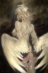  1girl ass blonde_hair blue_eyes breasts commentary_request eyebrows_visible_through_hair feathered_wings feathers harpy long_hair looking_back medium_breasts momoiro_manjiryuu monster_girl nipples nude original sideboob solo winged_arms wings 