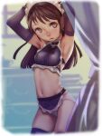 1girl armpits arms_up black_hair blurry blurry_background brown_eyes commentary covered_nipples elbow_gloves frills gloves long_hair maid maid_headdress midriff navel original panties skindentation solo soon_(c-u-soon) thighhighs underwear white_panties 