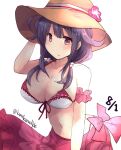  1girl bikini breasts cleavage cowboy_shot dated front-tie_top hair_flaps hat highres hirune_(konekonelkk) holding holding_clothes holding_hat kantai_collection low_twintails one-hour_drawing_challenge purple_hair red_eyes ryuuhou_(kancolle) sarong solo sun_hat swimsuit taigei_(kancolle) twintails twitter_username white_background white_bikini 