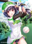  1girl arms_up bangs baseball baseball_bat baseball_cap baseball_uniform black_hair black_panties blurry blurry_background blush breasts chain-link_fence commentary_request day depth_of_field eyebrows_visible_through_hair fence green_headwear hair_between_eyes hat holding holding_baseball_bat kohinata_hoshimi layered_sleeves long_hair long_sleeves melonbooks metal_baseball_bat motion_blur official_art one_side_up open_mouth outdoors panties pleated_skirt red_eyes shirt short_over_long_sleeves short_sleeves skirt small_breasts solo sportswear two-handed underwear white_shirt white_skirt 