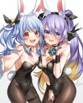  2girls :d animal_ear_fluff animal_ears asymmetrical_docking bangs black_choker black_gloves black_hairband black_leotard black_ribbon blonde_hair blue_eyes blue_hair blush breast_press breasts brown_legwear bunny_hair_ornament choker cleavage colored_inner_hair commentary cowboy_shot detached_collar eyebrows_visible_through_hair eyes_visible_through_hair fake_animal_ears gloves hair_between_eyes hair_ornament hair_ribbon hairband hand_up hands_up highres hololive hololive_indonesia kito_koruta leotard long_hair looking_at_viewer medium_breasts moona_hoshinova multicolored_hair multiple_girls open_mouth outstretched_arm pantyhose playboy_bunny ponytail purple_eyes rabbit_ears rabbit_girl rabbit_tail red_eyes ribbon selfie signature simple_background smile standing strapless strapless_leotard tail thigh_strap twintails usada_pekora v very_long_hair virtual_youtuber white_background white_hair wrist_cuffs 
