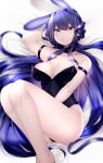  1girl absurdres animal_ears arm_strap ass azur_lane black_leotard blurry breasts cleavage depth_of_field detached_collar eyebrows_visible_through_hair fake_animal_ears feet_out_of_frame hand_in_hair highres large_breasts leotard long_hair looking_at_viewer new_jersey_(azur_lane) new_jersey_(exhilarating_steps!)_(azur_lane) official_alternate_costume oversized_breast_cup playboy_bunny purple_eyes purple_hair rabbit_ears samip strapless strapless_leotard thighs very_long_hair 