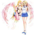  2girls absurdres animal_feet animal_hands benchen06 bird_tail blonde_hair blue_footwear blue_skirt blush breasts card claws duel_academy_uniform_(yu-gi-oh!_gx) duel_monster eyebrows_visible_through_hair feathered_wings feathers green_eyes hair_ornament harpie_girl harpy heart heart_hair_ornament highres large_breasts long_hair monster_girl multiple_girls one_eye_closed pantyhose pink_eyes pink_feathers pink_legwear pink_wings single_leg_pantyhose single_thighhigh skirt sleeveless smile tail tail_feathers thighhighs white_background winged_arms wings yu-gi-oh! yu-gi-oh!_gx 