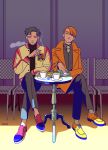  2boys black_hair black_pants book chair cigarette coat crossed_legs cup highres holding holding_cigarette kk724 long_sleeves multiple_boys necktie orange_coat orange_hair original pants pink_footwear plate print_shirt shadow shirt shoes short_hair signature smoke smoking table yellow_footwear 