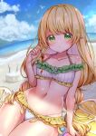 1girl bangs bare_shoulders bikini blonde_hair blush breasts clip_studio_paint_(medium) closed_mouth commentary_request day eyebrows_visible_through_hair frilled_bikini frills green_eyes groin hand_up heart heart-shaped_pupils highres holding horizon indie_virtual_youtuber kohachi_mel long_hair looking_at_viewer navel ocean outdoors pointy_ears sawa_(sawasaku) small_breasts solo summer swimsuit symbol-shaped_pupils very_long_hair virtual_youtuber water white_bikini 