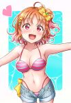  1girl bangs bikini birthday braid breasts ckst cleavage collarbone commentary_request earrings eyebrows_visible_through_hair hair_ornament highres jewelry love_live! love_live!_sunshine!! medium_breasts orange_hair red_eyes short_hair short_shorts shorts side_braid side_ponytail solo swimsuit takami_chika wavy_hair 