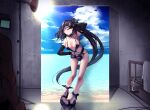  1boy 1girl architect_(girls&#039;_frontline) architect_(type_nvw)_(girls&#039;_frontline) bangs bed belt black_hair black_swimsuit blue_sky breasts casual_one-piece_swimsuit cloud cloudy_sky collarbone cuffs elbow_gloves girls&#039;_frontline gloves grin hand_on_hip handcuffs indoors long_hair looking_at_viewer medium_breasts mishima_hiroji navel one-piece_swimsuit one_eye_closed partially_fingerless_gloves pink_eyes pink_nails side_ponytail sky smile solo_focus standing swimsuit very_long_hair w 