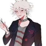  1boy ara_(syao_ra) bangs black_jacket chain collar collarbone commentary danganronpa_(series) danganronpa_another_episode:_ultra_despair_girls green_eyes grey_hair grey_shirt hair_between_eyes hand_up holding holding_chain jacket komaeda_nagito looking_at_viewer metal_collar official_alternate_costume open_clothes open_jacket red_shirt shirt short_hair simple_background smile solo striped striped_shirt teeth upper_body white_background 