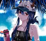  1girl arknights baseball_cap bikini black_bikini blue_hair ch&#039;en_(arknights) chestnut_mouth cloud cloudy_sky coconut_tree dragon_horns eyewear_removed female_tourist_c_(arknights) hat highres holding_flask horns horns_through_headwear jannong long_hair looking_at_viewer palm_tree red_eyes shadow sky solo summer sunglasses swimsuit tree upper_body 