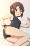  1girl ass bangs bare_arms bare_shoulders bed_sheet black_swimsuit blue_eyes blush breasts brown_hair commentary_request eyebrows_visible_through_hair feet_out_of_frame hair_bobbles hair_ornament hairclip highres hippo_(hirople) looking_at_viewer lying on_side one-piece_swimsuit one_side_up open_mouth original school_swimsuit small_breasts solo swept_bangs swimsuit 