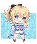  1girl :d absurdres artist_name bangs blonde_hair blue_eyes bow bracelet chibi commentary_request cross earrings eyebrows_visible_through_hair full_body genshin_impact hair_between_eyes hair_bow hair_ribbon highres hue jean_(genshin_impact) jean_(sea_breeze_dandelion)_(genshin_impact) jewelry long_hair looking_at_viewer open_mouth ponytail ribbon sidelocks simple_background smile solo standing 