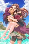  2girls arm_tattoo barefoot beach blue_sky bracelet brown_eyes brown_hair carrying couple dark-skinned_female dark_skin dorothea_arnault facial_tattoo feet fire_emblem fire_emblem:_three_houses green_eyes highres jewelry looking_at_another multiple_girls neck_ring palm_tree petra_macneary princess_carry purple_hair radiostarkiller sky smile tattoo toes tree yuri 