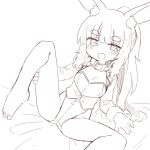  1girl :d animal_ear_fluff animal_ears bangs barefoot blush collar commentary_request eyebrows_visible_through_hair greyscale heart heart-shaped_pupils highres jacket knee_up leotard long_hair long_sleeves looking_at_viewer masurao_(sekaiju) monochrome naga_u open_mouth ponytail rabbit_ears sekaiju_no_meikyuu sekaiju_no_meikyuu_5 short_eyebrows smile solo spread_legs strapless strapless_leotard symbol-shaped_pupils thick_eyebrows very_long_hair white_background 