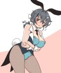  1girl animal_ears black_hair black_neckwear black_vest blue_leotard bow bowtie braid breasts bunny_day cleavage commentary_request detached_collar fishnet_legwear fishnets hair_flaps hair_ornament hairclip highres jingei_(kancolle) kantai_collection kirisawa_juuzou large_breasts leotard long_hair looking_at_viewer necktie pantyhose playboy_bunny rabbit_ears rabbit_tail red_eyes single_braid smile solo tail tongue tongue_out vest wrist_cuffs 
