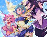  3girls :d akemi_homura blue_hair bubble_skirt closed_eyes clothes dress gloves hair_ribbon hairband highres kaname_madoka long_hair magia_record:_mahou_shoujo_madoka_magica_gaiden magical_girl mahou_shoujo_madoka_magica miki_sayaka multiple_girls open_mouth pantyhose pink_hair pleated_skirt purple_eyes red_ribbon ribbon short_hair short_twintails skirt sky smile soul_gem spoilers thighhighs twintails white_gloves yellow_ribbon yooki_(winter_cakes) 
