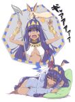  1girl animal_ears blue_panties bracelet breasts dark-skinned_female dark_skin dreaming ear_pull fate/grand_order fate_(series) grabbing highres holding holding_staff jackal_ears jewelry long_hair lying medium_breasts nitocris_(fate) on_side open_mouth pajamas panties pillow purple_eyes purple_hair sleeping solo staff tears tonee underwear very_long_hair 